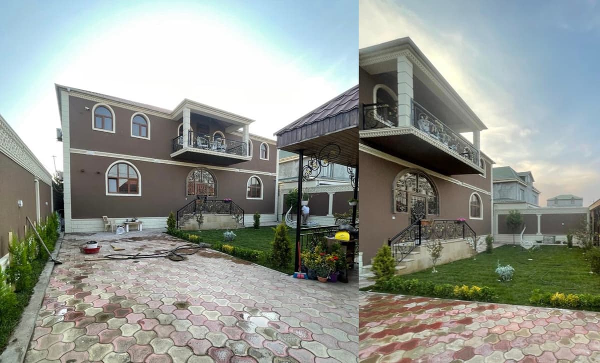 İsti qəhvəyi ile işlənmiş, aqlay detalli iki mərtəbəli həyət evi